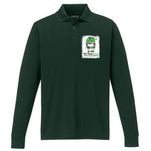 In May We Wear Green Mental Health Awareness Messy Bun Performance Long Sleeve Polo