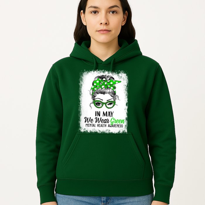 In May We Wear Green Mental Health Awareness Messy Bun Hoodie