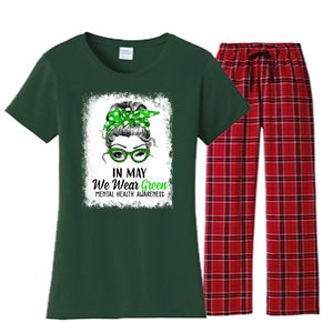 In May We Wear Green Mental Health Awareness Messy Bun Women's Flannel Pajama Set