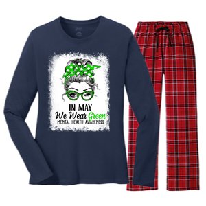 In May We Wear Green Mental Health Awareness Messy Bun Women's Long Sleeve Flannel Pajama Set 