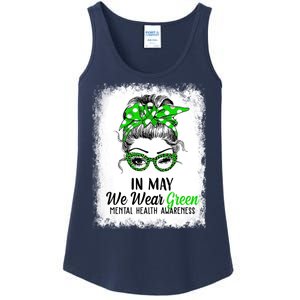 In May We Wear Green Mental Health Awareness Messy Bun Ladies Essential Tank