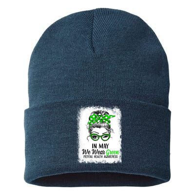 In May We Wear Green Mental Health Awareness Messy Bun Sustainable Knit Beanie