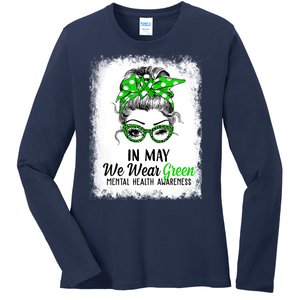 In May We Wear Green Mental Health Awareness Messy Bun Ladies Long Sleeve Shirt