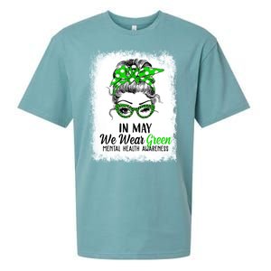 In May We Wear Green Mental Health Awareness Messy Bun Sueded Cloud Jersey T-Shirt