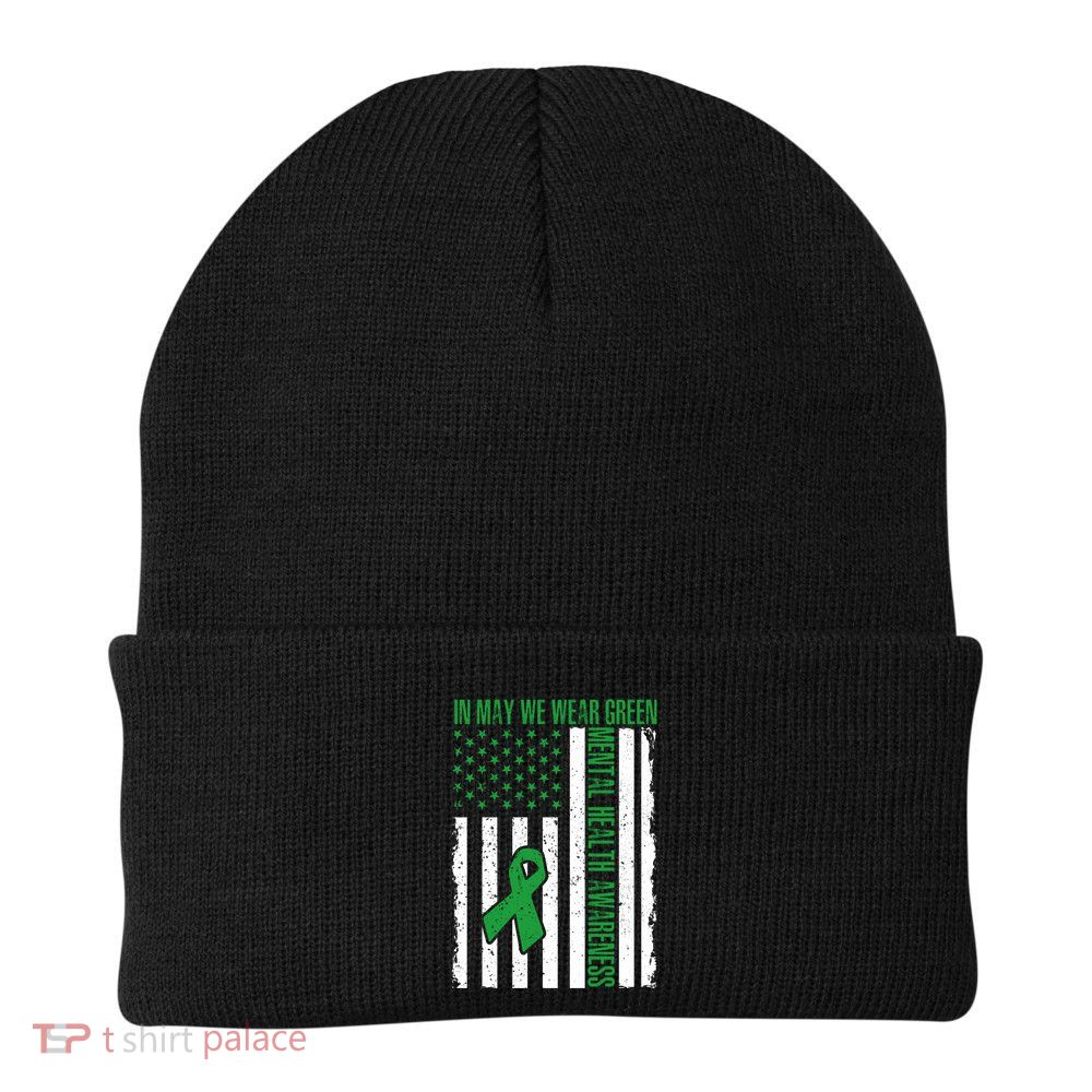 In May We Wear Green Ribbon Us Flag Tal Health Awareness Cute Gift Knit Cap Winter Beanie