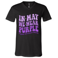 In May We Wear Purple Lupus Awareness Month Groovy  V-Neck T-Shirt