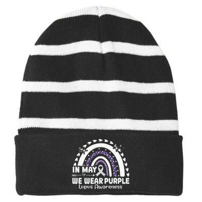 In May We Wear Purple Lupus Awareness Month ribbon 's Striped Beanie with Solid Band