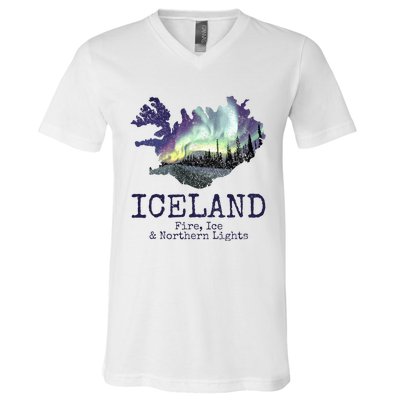 Iceland Map with Fire V-Neck T-Shirt