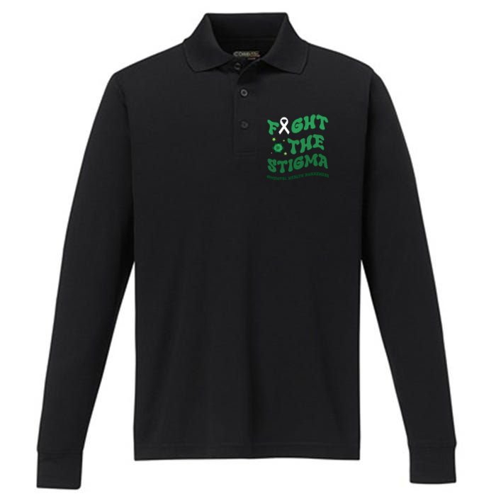 In May We Wear Green Mental Health Groovy Fight Stigma Performance Long Sleeve Polo