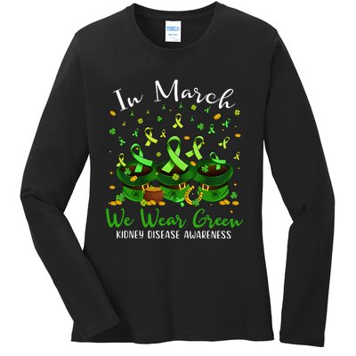 In March We Wear Green Kidney Disease Awareness Patrick Day Lucky Green Ribbon Ladies Long Sleeve Shirt