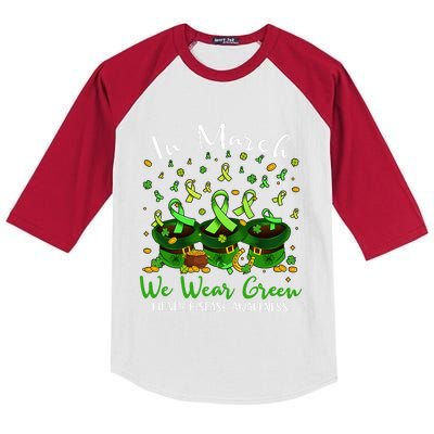 In March We Wear Green Kidney Disease Awareness Patrick Day Lucky Green Ribbon Kids Colorblock Raglan Jersey