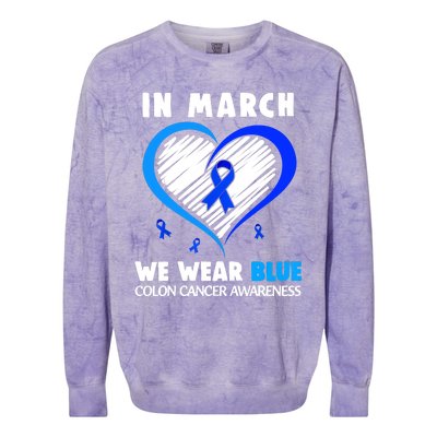 In March We Wear Blue For Colon Cancer Awareness Blue Heart Colorblast Crewneck Sweatshirt