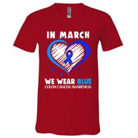 In March We Wear Blue For Colon Cancer Awareness Blue Heart V-Neck T-Shirt