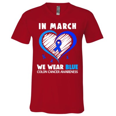 In March We Wear Blue For Colon Cancer Awareness Blue Heart V-Neck T-Shirt