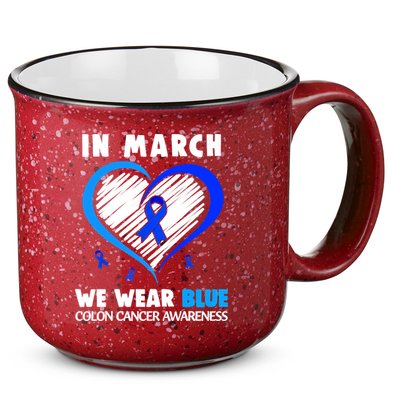 In March We Wear Blue For Colon Cancer Awareness Blue Heart 15oz Campfire Ceramic Mug