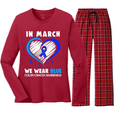 In March We Wear Blue For Colon Cancer Awareness Blue Heart Women's Long Sleeve Flannel Pajama Set 