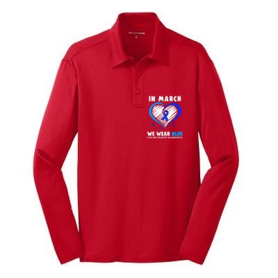 In March We Wear Blue For Colon Cancer Awareness Blue Heart Silk Touch Performance Long Sleeve Polo