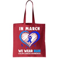 In March We Wear Blue For Colon Cancer Awareness Blue Heart Bag