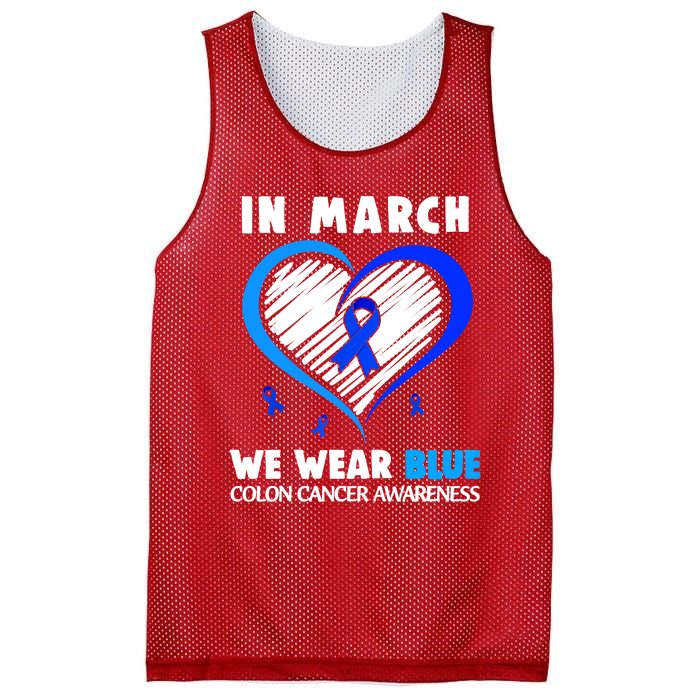 In March We Wear Blue For Colon Cancer Awareness Blue Heart Mesh Reversible Basketball Jersey Tank