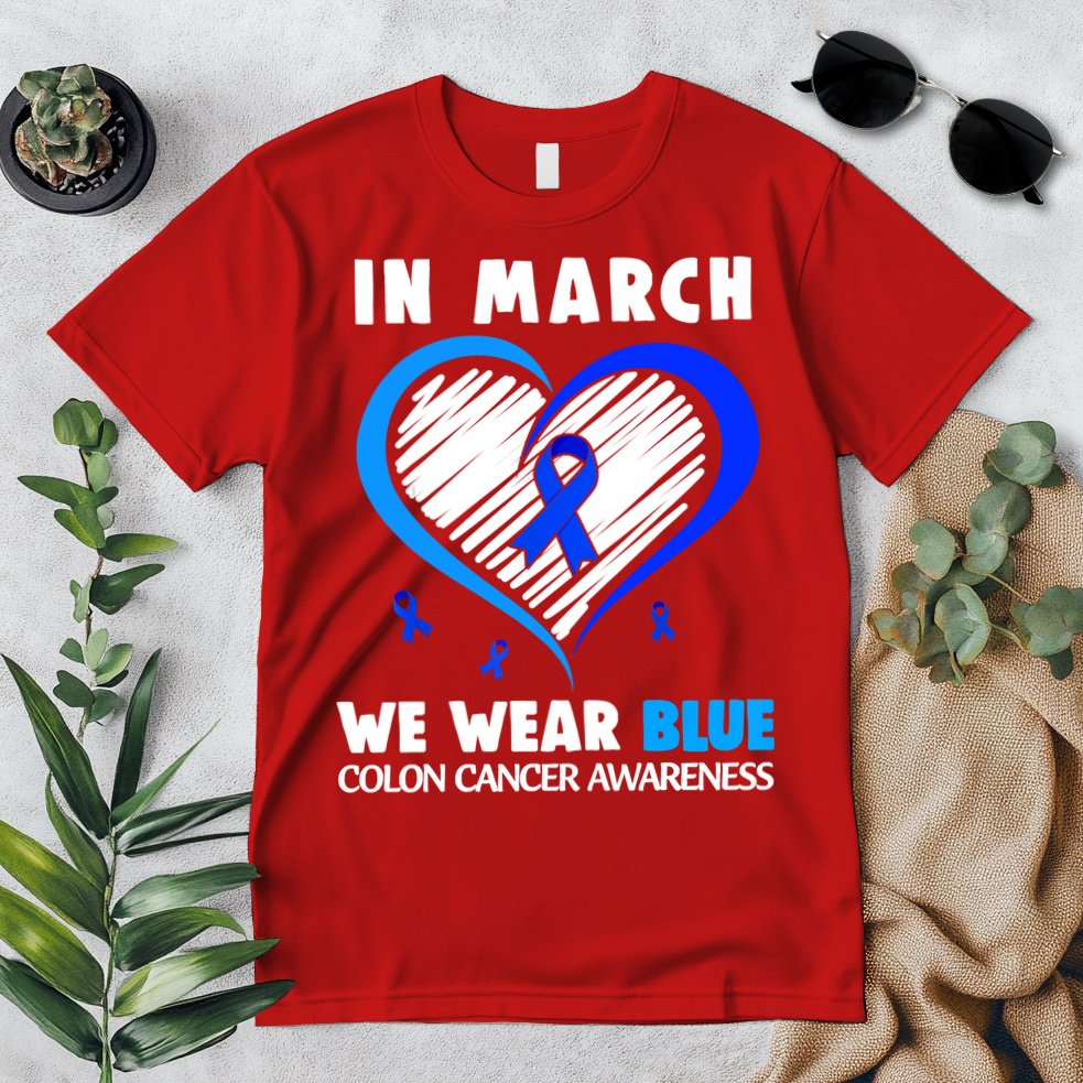 In March We Wear Blue For Colon Cancer Awareness Blue Heart Premium T-Shirt