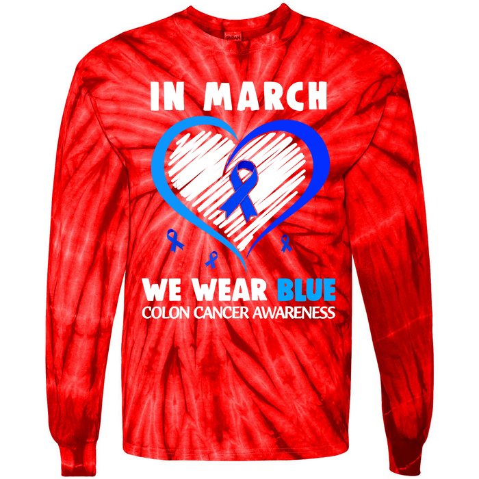 In March We Wear Blue For Colon Cancer Awareness Blue Heart Tie-Dye Long Sleeve Shirt