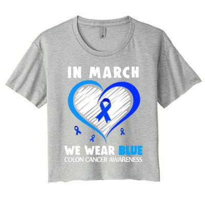 In March We Wear Blue For Colon Cancer Awareness Blue Heart Women's Crop Top Tee