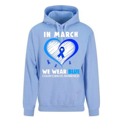 In March We Wear Blue For Colon Cancer Awareness Blue Heart Unisex Surf Hoodie