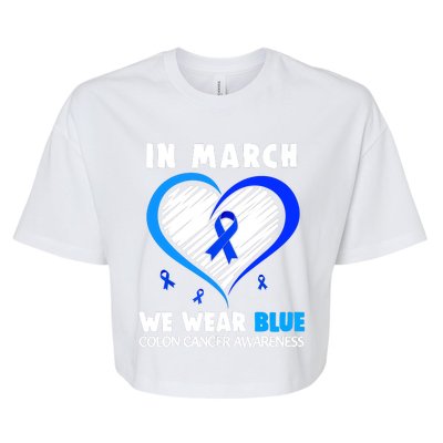 In March We Wear Blue For Colon Cancer Awareness Blue Heart Bella+Canvas Jersey Crop Tee