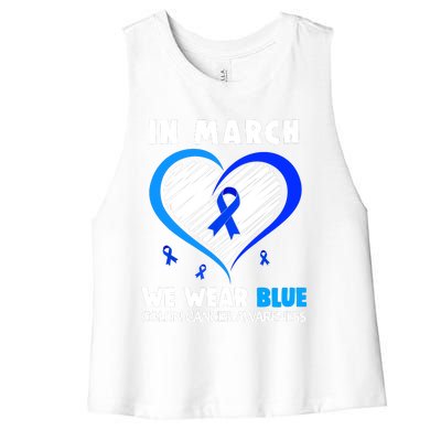 In March We Wear Blue For Colon Cancer Awareness Blue Heart Women's Racerback Cropped Tank