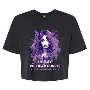 In May We Wear Purple Lupus Awareness Ribbon Black Women Bella+Canvas Jersey Crop Tee