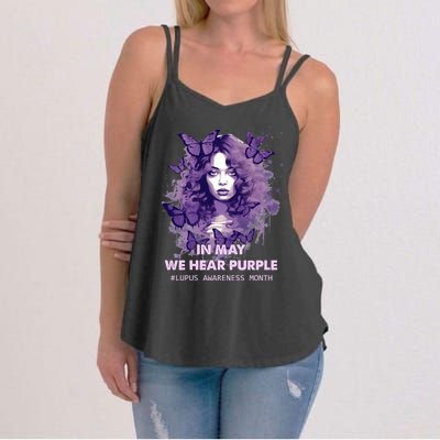 In May We Wear Purple Lupus Awareness Ribbon Black Women Women's Strappy Tank