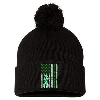 In May We Wear Green Mental Health Awareness Month Pom Pom 12in Knit Beanie