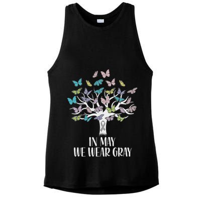 In May We Wear Gray Brain Cancer Awareness Butterfly Tree Ladies PosiCharge Tri-Blend Wicking Tank