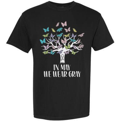 In May We Wear Gray Brain Cancer Awareness Butterfly Tree Garment-Dyed Heavyweight T-Shirt