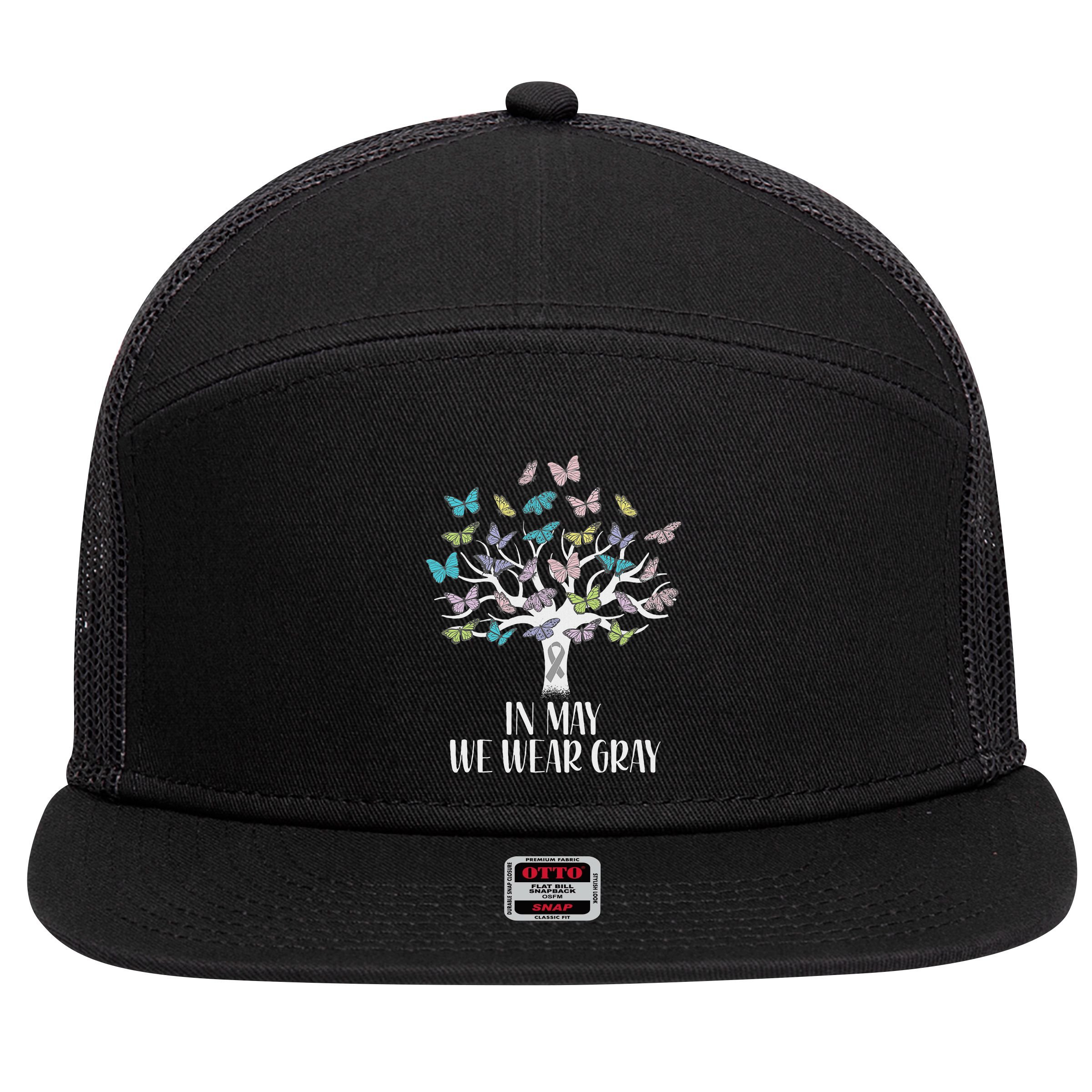 In May We Wear Gray Brain Cancer Awareness Butterfly Tree 7 Panel Mesh Trucker Snapback Hat
