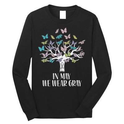 In May We Wear Gray Brain Cancer Awareness Butterfly Tree Long Sleeve Shirt