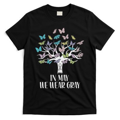 In May We Wear Gray Brain Cancer Awareness Butterfly Tree T-Shirt