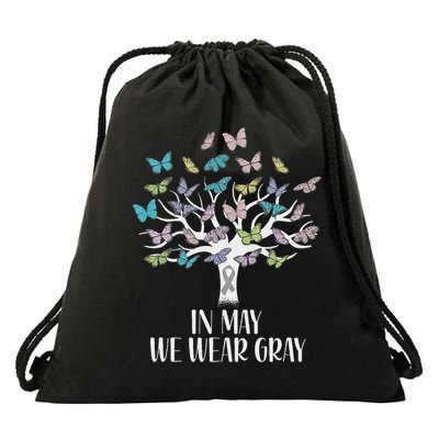 In May We Wear Gray Brain Cancer Awareness Butterfly Tree Drawstring Bag
