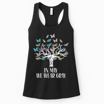 In May We Wear Gray Brain Cancer Awareness Butterfly Tree Womens Tank Top