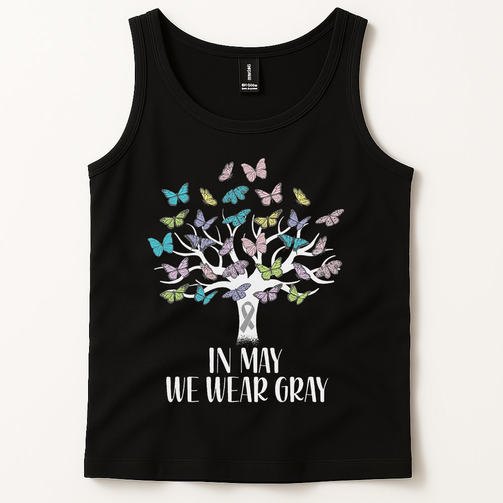 In May We Wear Gray Brain Cancer Awareness Butterfly Tree Tank Top