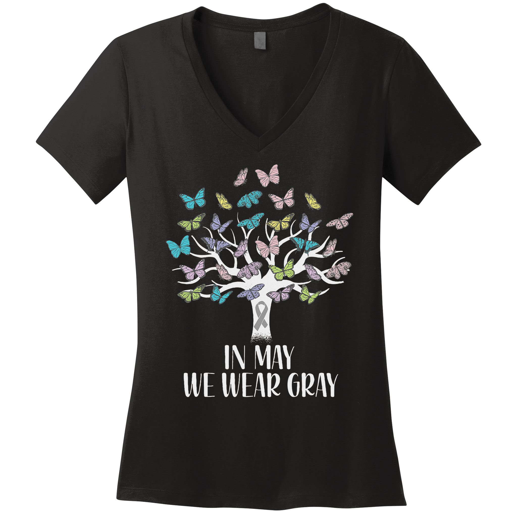 In May We Wear Gray Brain Cancer Awareness Butterfly Tree Women's V-Neck T-Shirt
