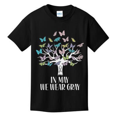 In May We Wear Gray Brain Cancer Awareness Butterfly Tree Kids T-Shirt