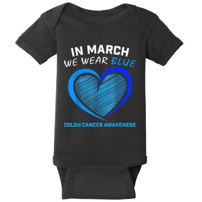 In March We Wear Blue For Colon Cancer Awareness Blue Heart Baby Bodysuit