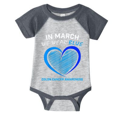 In March We Wear Blue For Colon Cancer Awareness Blue Heart Infant Baby Jersey Bodysuit