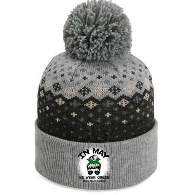 In May We Wear Green Mental Health Awareness Messy Bun Women The Baniff Cuffed Pom Beanie