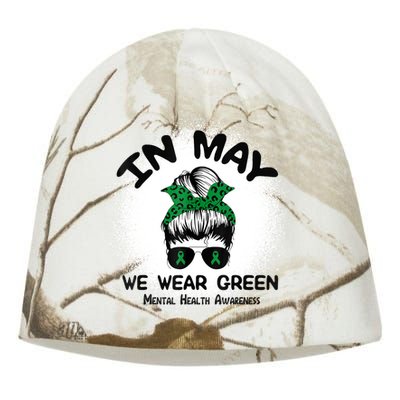 In May We Wear Green Mental Health Awareness Messy Bun Women Kati - Camo Knit Beanie