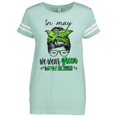 In May We Wear Green Mental Health Awareness Month Messy Bun Enza Ladies Jersey Football T-Shirt