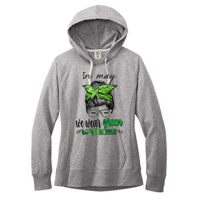 In May We Wear Green Mental Health Awareness Month Messy Bun Women's Fleece Hoodie