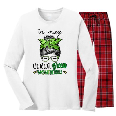 In May We Wear Green Mental Health Awareness Month Messy Bun Women's Long Sleeve Flannel Pajama Set 