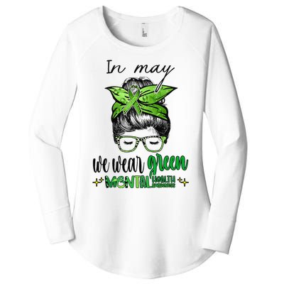 In May We Wear Green Mental Health Awareness Month Messy Bun Women's Perfect Tri Tunic Long Sleeve Shirt